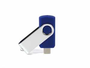 USB-Stick mit blauem Gehäuse und drehbarem Metall-Clip, ideal für individuelle Logo-Drucke.